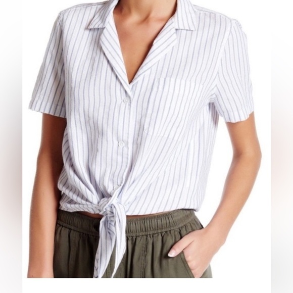 Equipment Tops - Equipment Femme White Blue Stripes Cotton Keira Tie Front Short Sleeve Top M